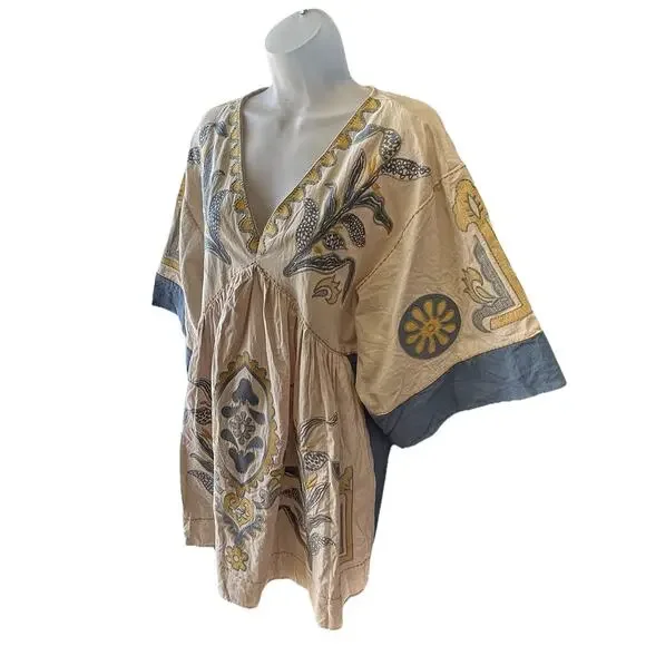 NEW Blue Velvet Embroidered Boho Babydoll Dress Women Size S/M Floral Beach - Picture 5 of 9